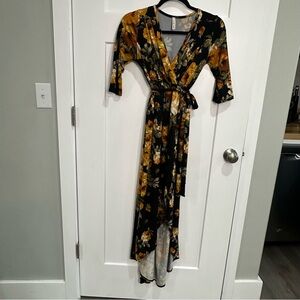 Orange Creek Black Fall Floral High Low Dress Belted Tie Romantic Stretch Sz S